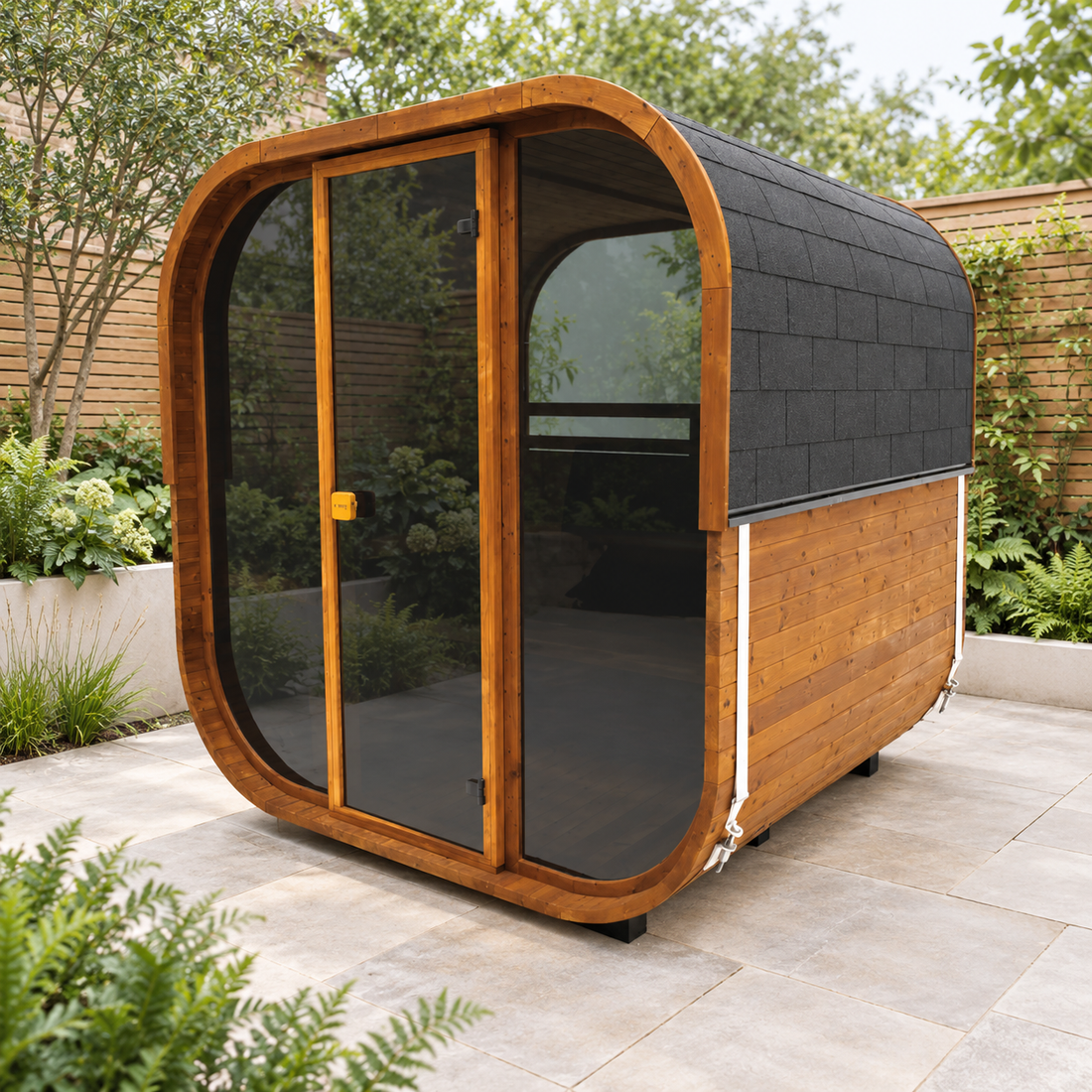 Hekla Cube 160 sauna in a compact landscaped courtyard